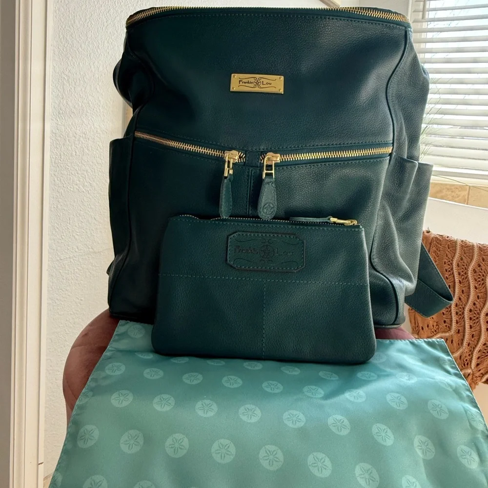 Frankie Lou Leather Maria Backpack diaper bag teal